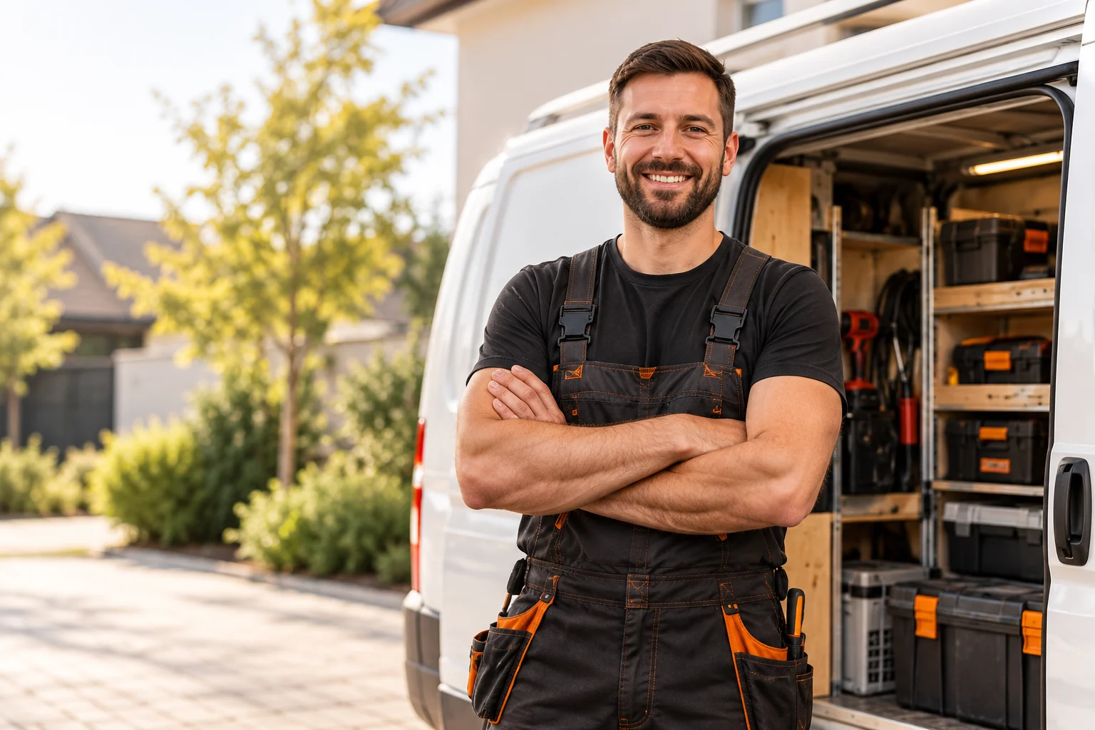 Illustratives Motiv: Handwerker an einem Servicefahrzeug